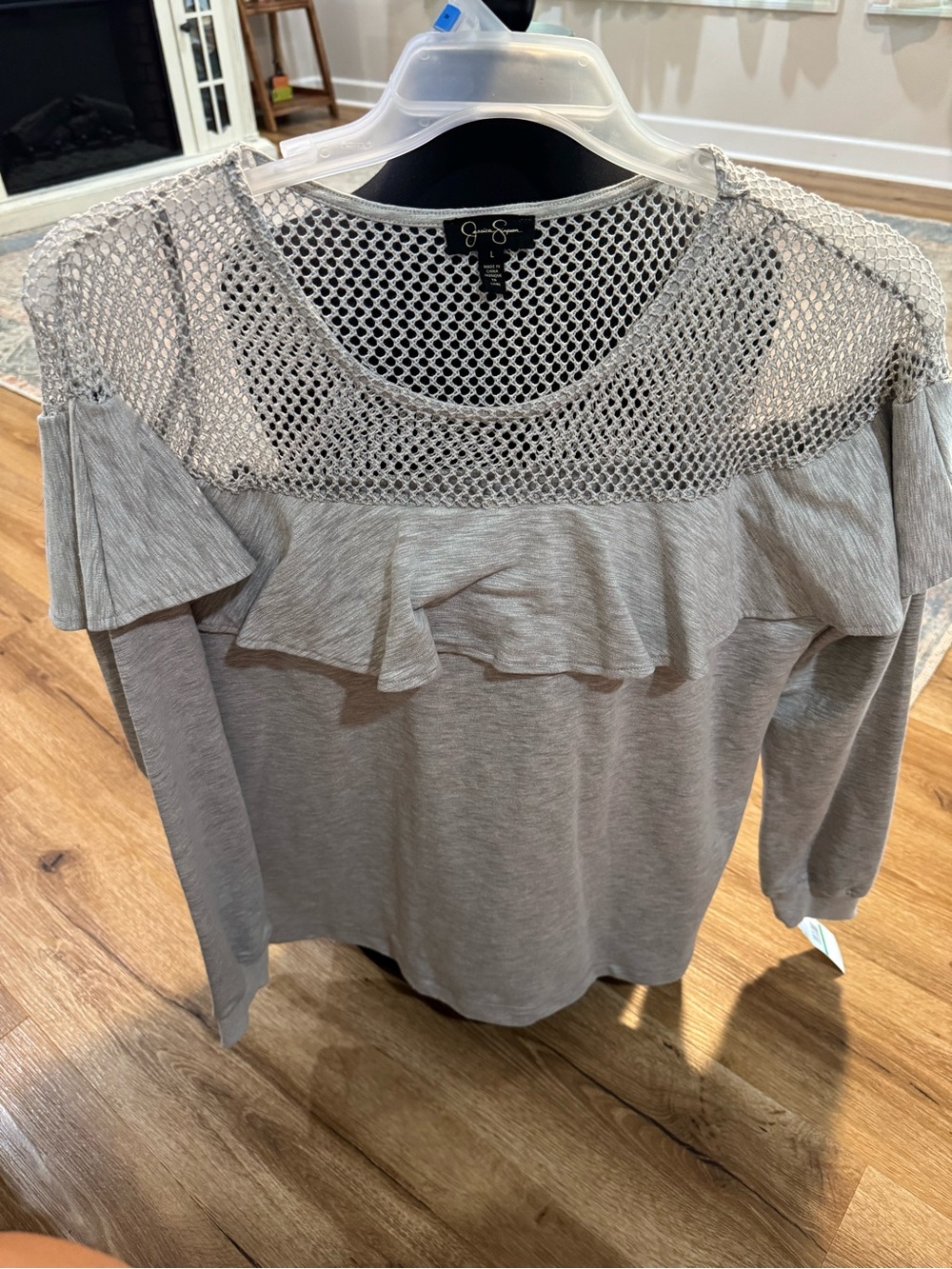 Jessica Simpson Light Gray Mesh Yoke Ruffle Long-Sleeve Top